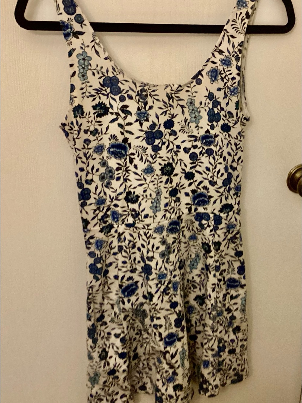 Divided White and Blue Floral Scoop-Neck Mini Dress